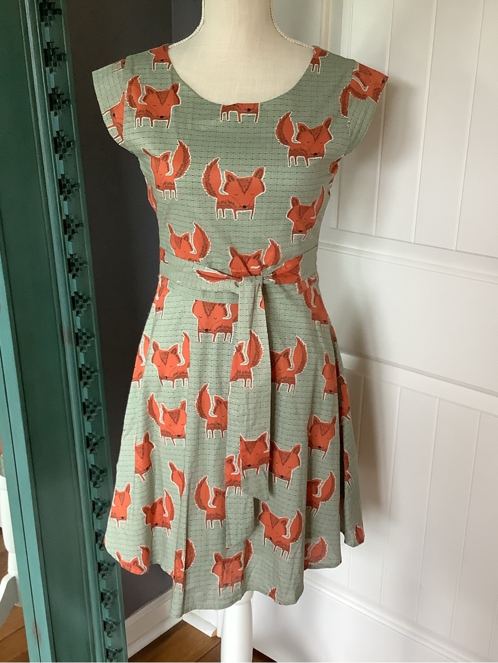 Fox Print Fit-and-Flare Dress in Sage and Orange